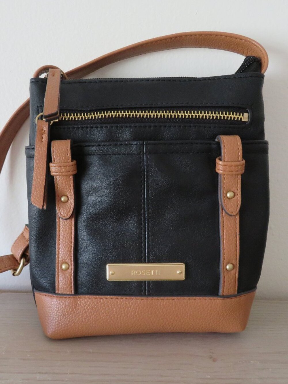 Rosetti Black and Tan Faux Leather Small Crossbody Purse Handbag